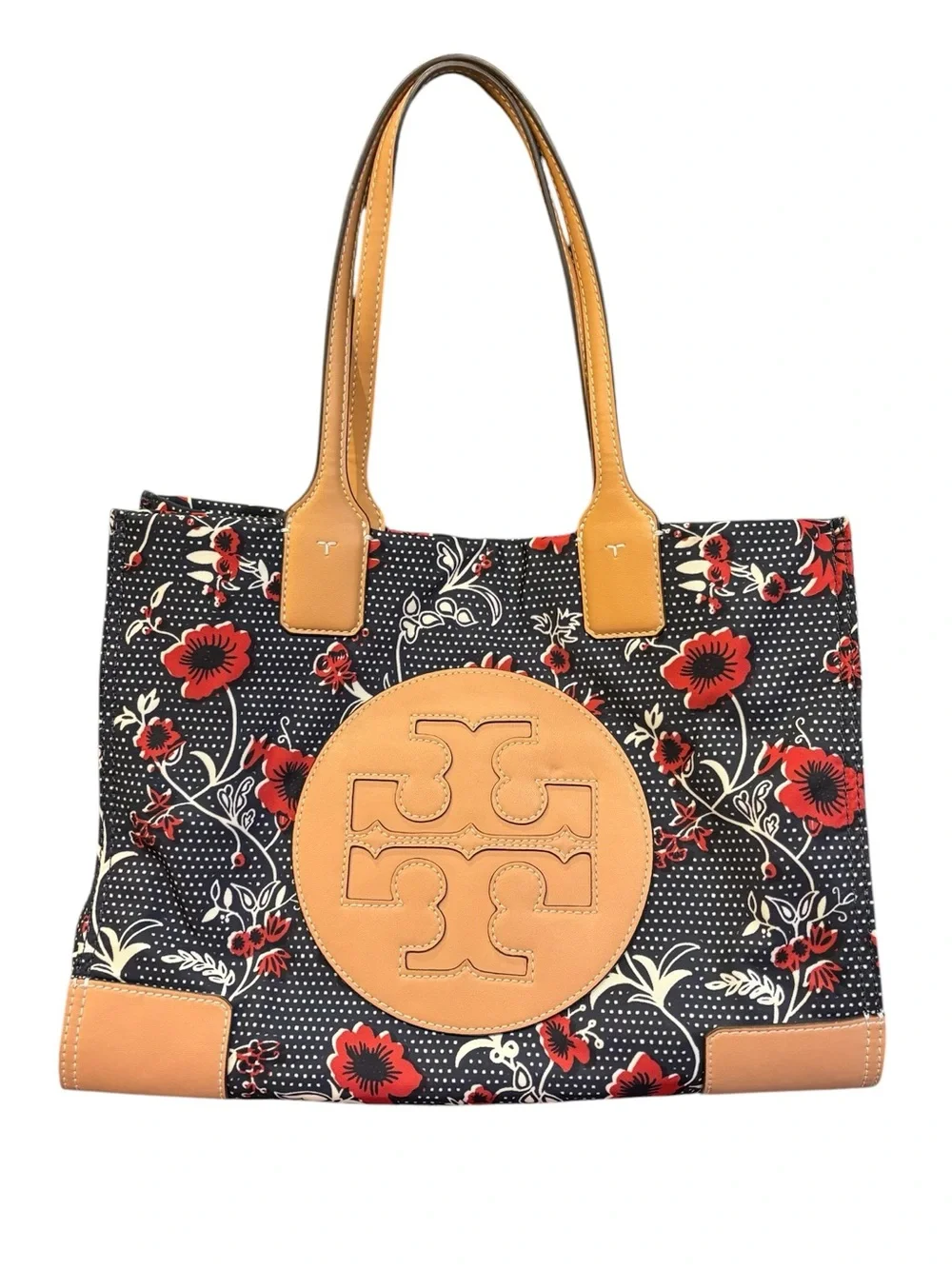 TORY BURCH Ella Tote Bag Purse Nylon Navy and Red Floral